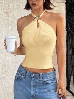 Yellow Casual Women's Metal Decor Halter Knit Top